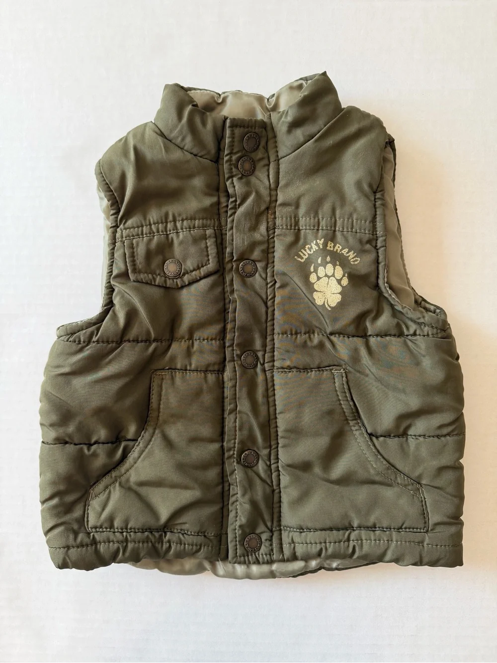 Lucky Brand Baby 18M Olive Green Puffer Vest Paw Print Snap Front